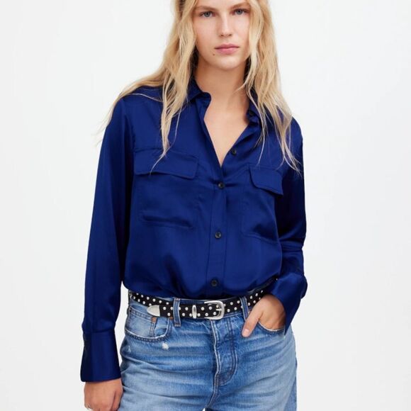 Madewell Top XXS Silk Flap-Pocket Button-Up Shirt Deep Cobalt Blue - Picture 12 of 12